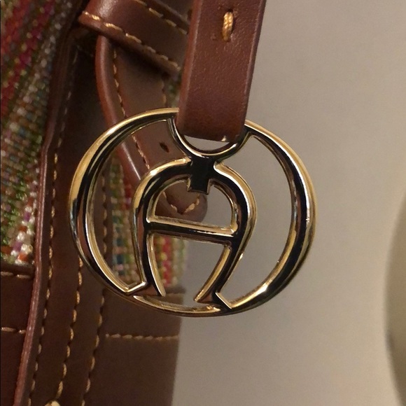 Brown Etienne Aigner Leather & Multi Color Woven Satchel Purse - Picture 2 of 5